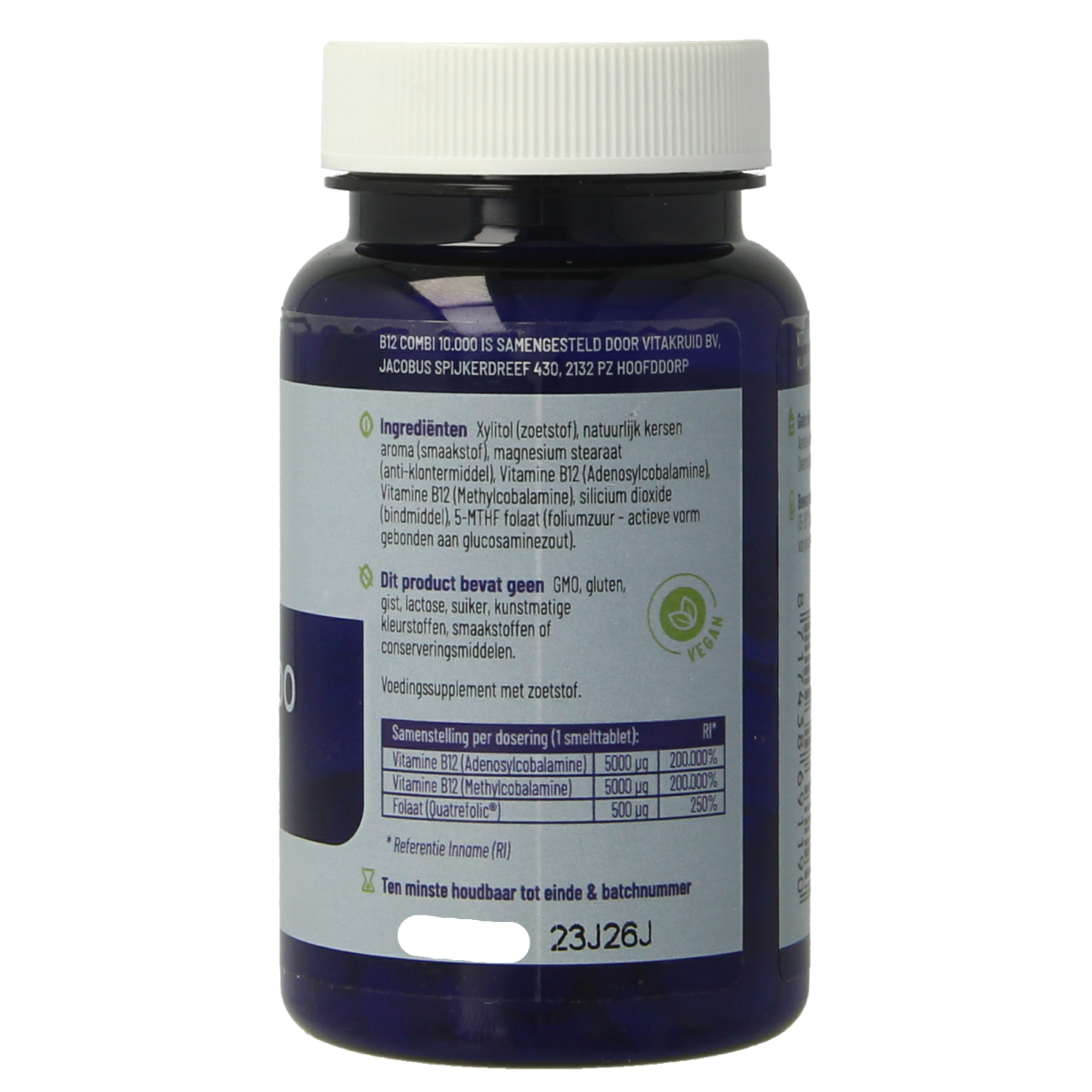 Bottle of Vitakruid B12 Combi 10,000 with active folate multivitamine tablets, showing the label and tablets inside the bottle.