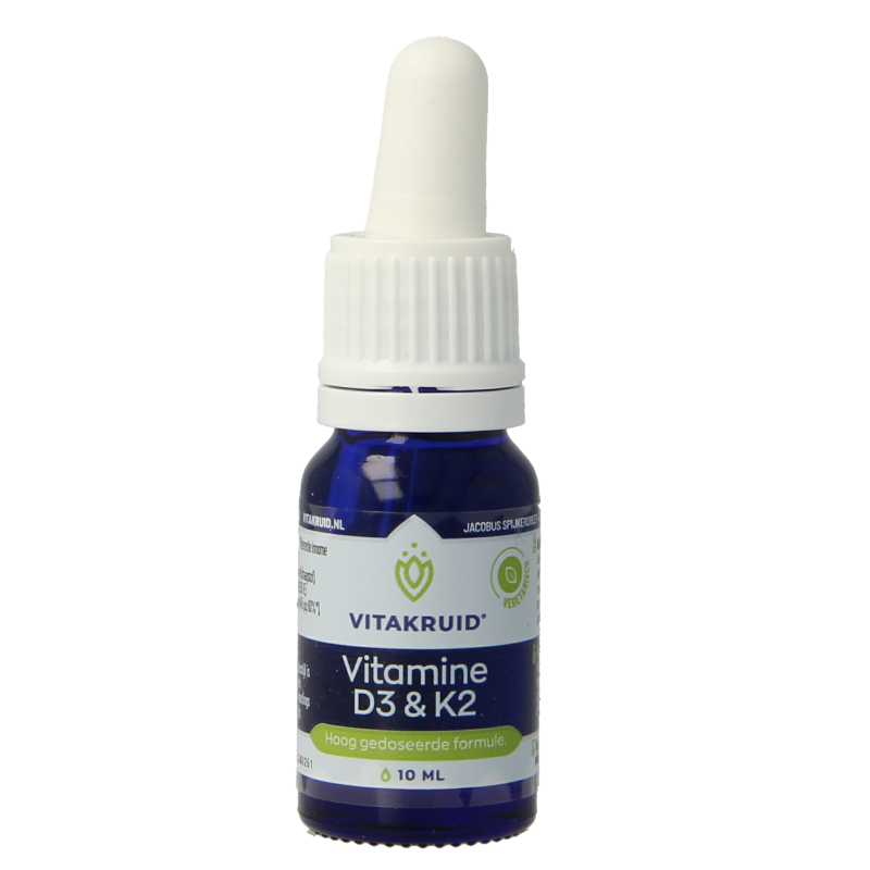 Bottle of Vitakruid Vitamin D3 & K2 liquid supplement with dropper, 10ml, showing the product label and drop pipette.