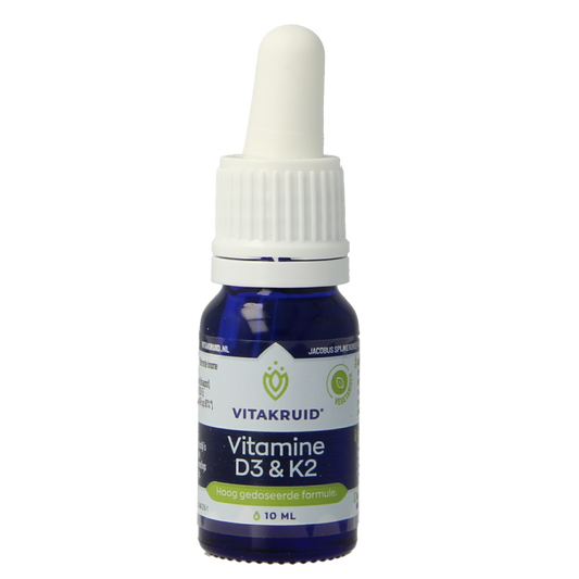 Bottle of Vitakruid Vitamin D3 & K2 liquid supplement with dropper, 10ml, showing the product label and drop pipette.