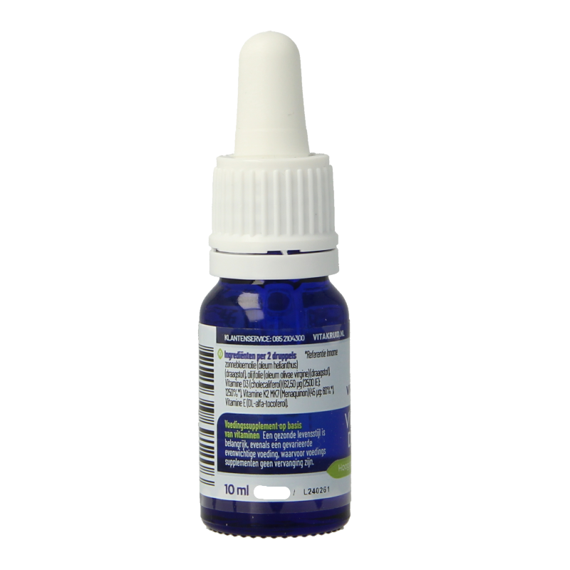 Bottle of Vitakruid Vitamin D3 & K2 liquid supplement with dropper, 10ml, showing label and dropper cap.