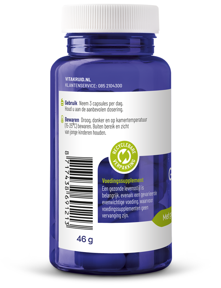Bottle of Vitakruid Groenlipmossel extract and Ovomet Eierschaalmembraam capsules, dietary mineral supplement in 90 capsules.