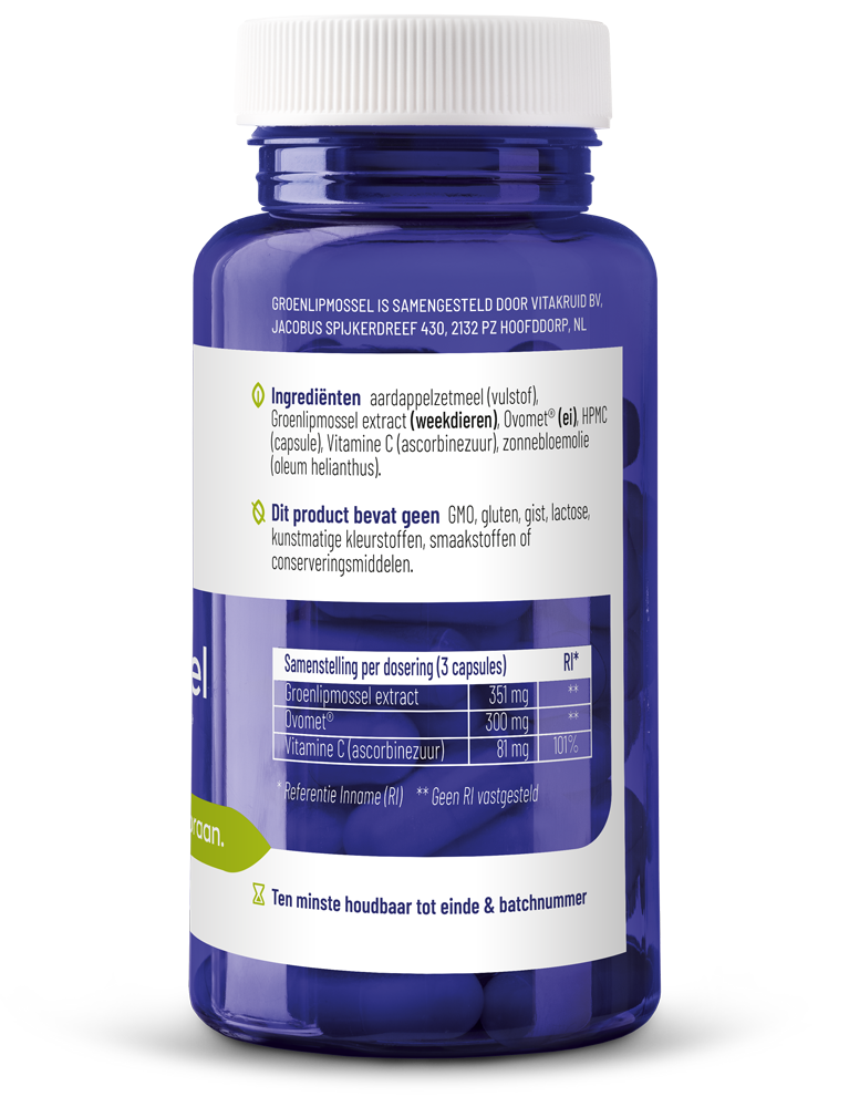 Vitakruid Groenlipmossel extract and Ovomet eggshell membrane capsules, mineral multivitamin supplement in 90 capsules