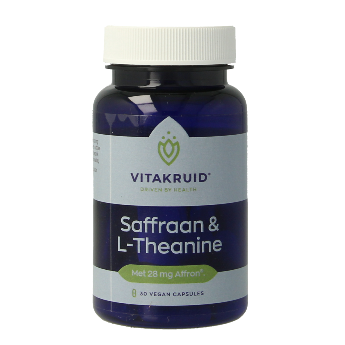Vegetarische capsules van Vitakruid met saffraan (28mg) en L-Theanine, kruidenpreparaten voor ontspanning en welzijn.