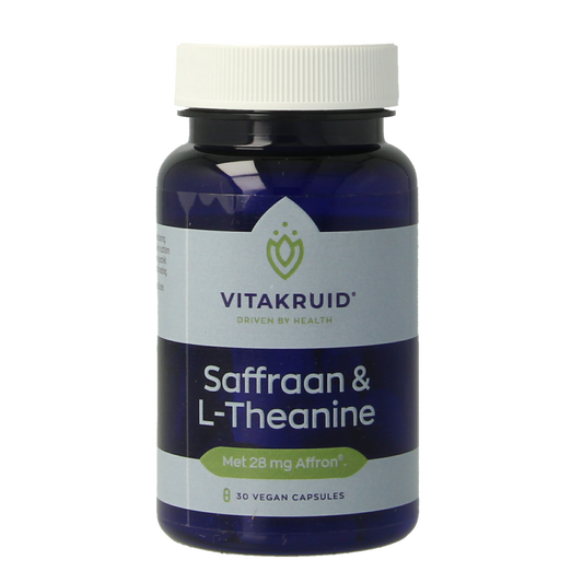 Vegetarische capsules van Vitakruid met saffraan (28mg) en L-Theanine, kruidenpreparaten voor ontspanning en welzijn.
