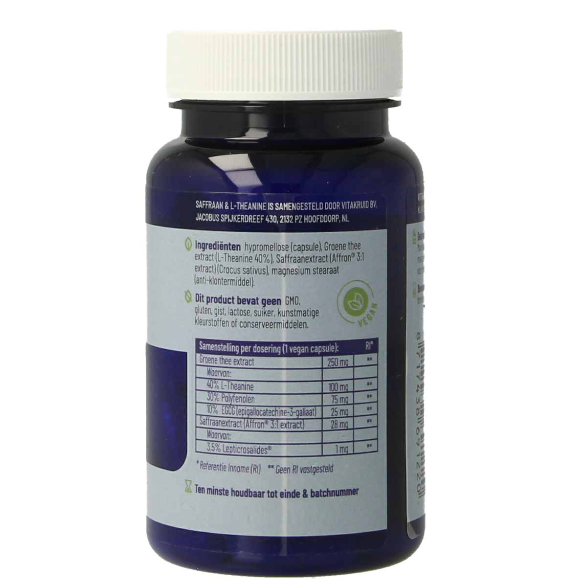 Vitakruid saffraan 28mg (Affron) and L-Theanine herbal capsules, vegetarian supplement, shown in clear bottle with capsules inside.