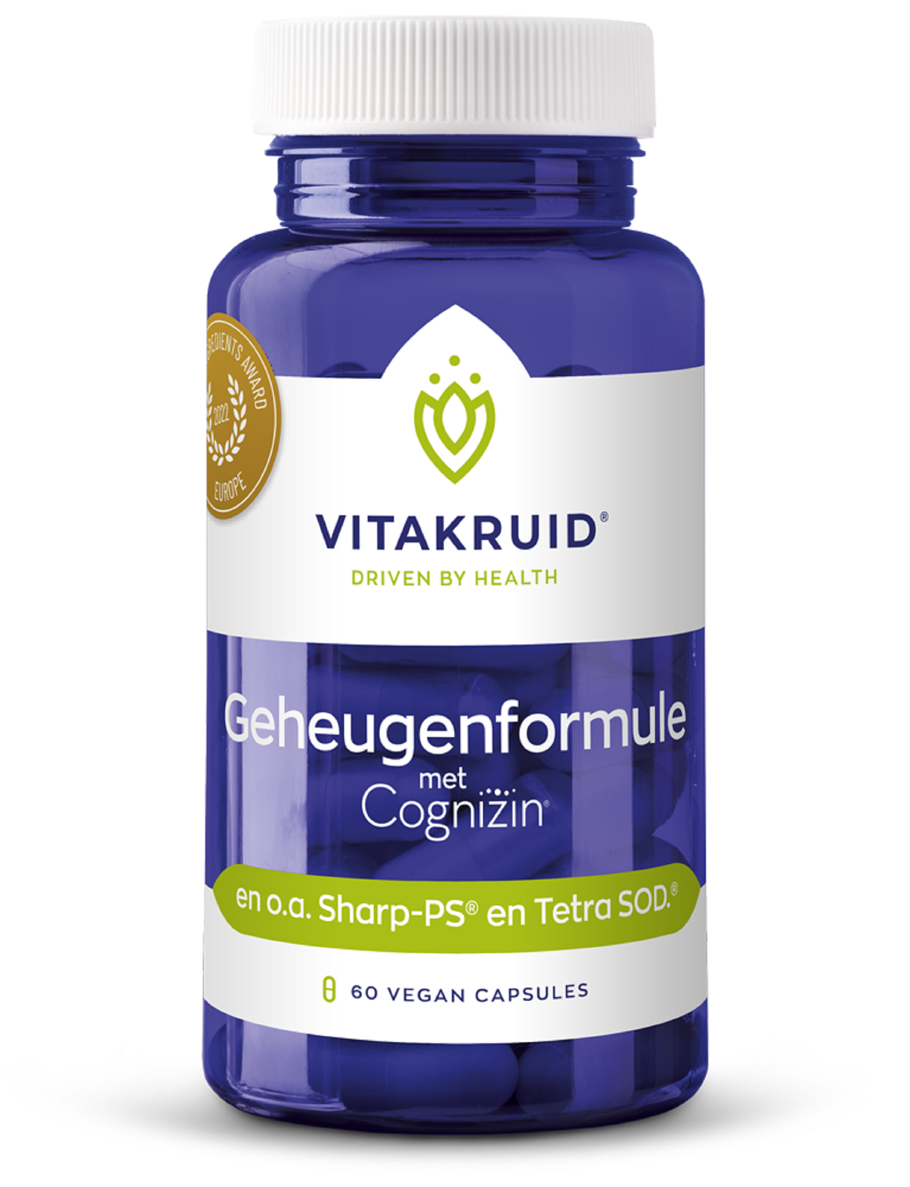 Vegetarian capsules of Vitakruid Geheugenformule with Bacopa monnieri, Citicoline, and OPC for brain support in herbal supplement form.