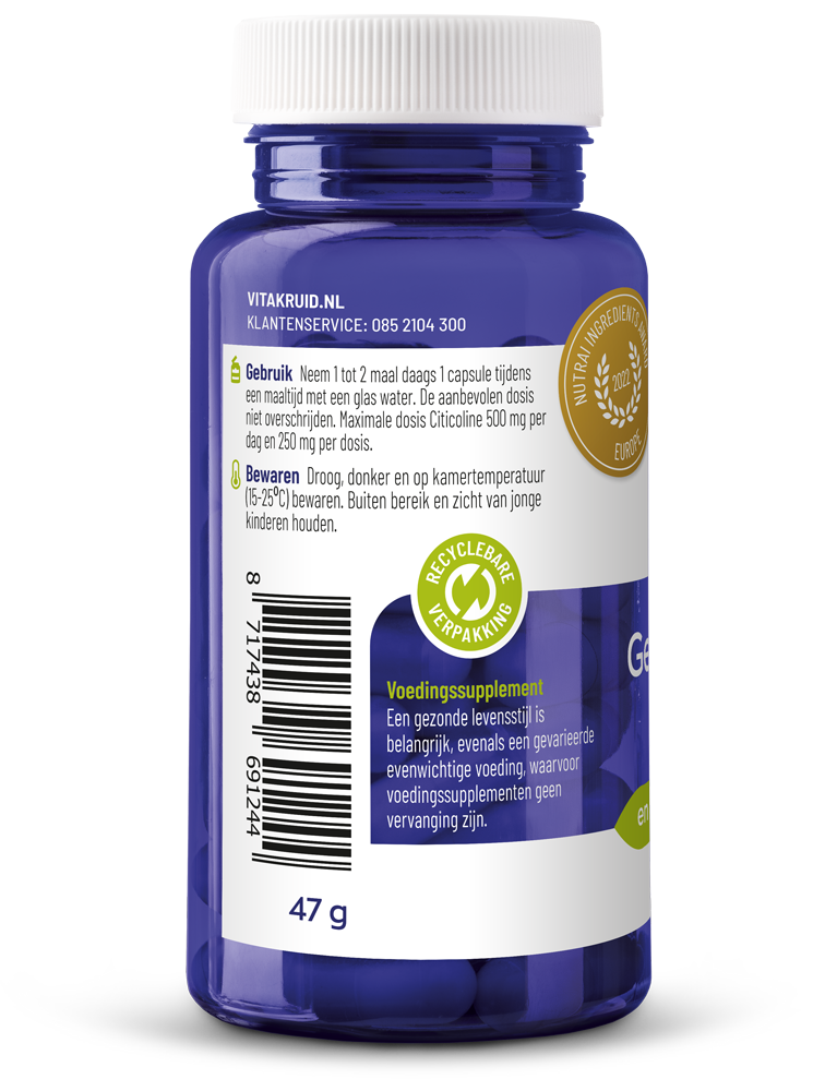 Vegetarische capsules van Vitakruid Geheugenformule met Bacopa monnieri, Citicoline en OPC voor geheugenondersteuning.