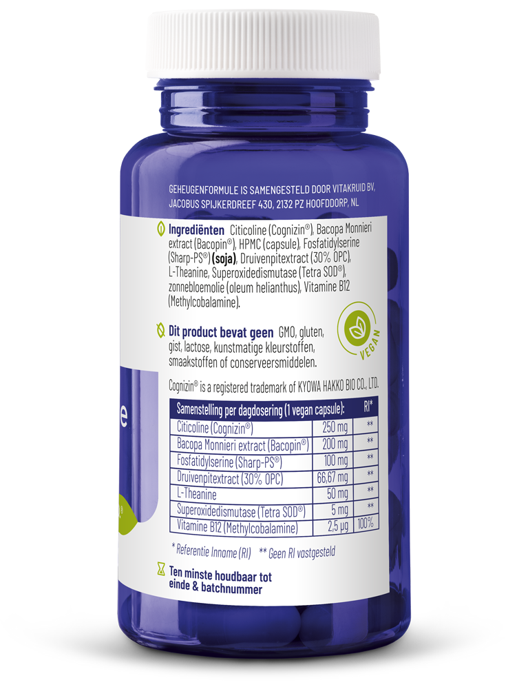 Vegetarische capsules van Vitakruid Geheugenformule met Bacopa monnieri, Citicoline en OPC voor geheugenondersteuning.
