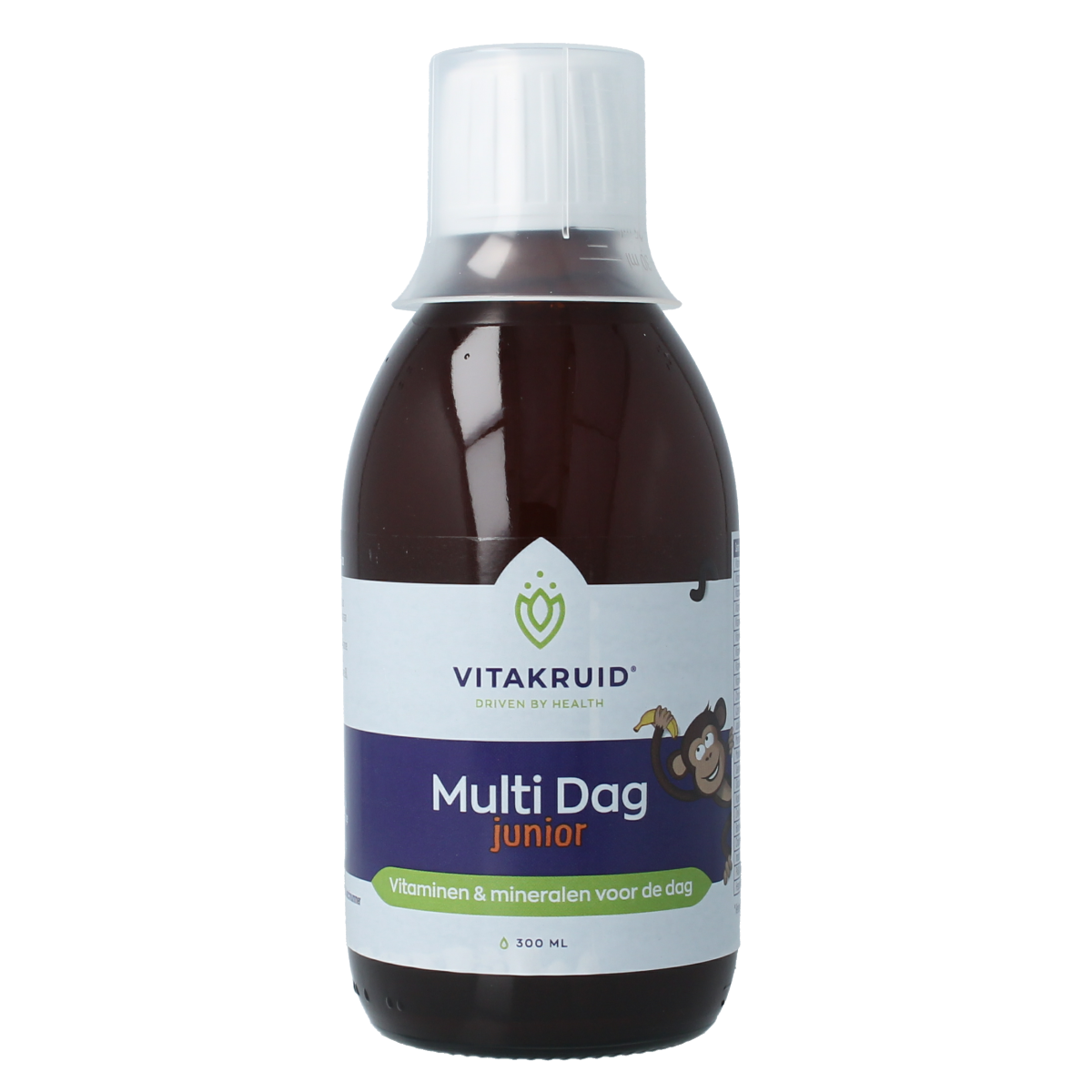 Bottle of Vitakruid Multi Dag Junior 100% Vegan multivitamin supplement in a 300ml container, designed for children's health.