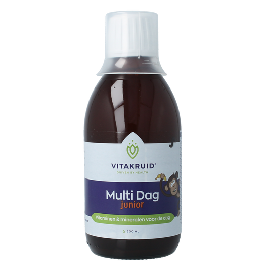 Bottle of Vitakruid Multi Dag Junior 100% Vegan multivitamin supplement in a 300ml container, designed for children's health.
