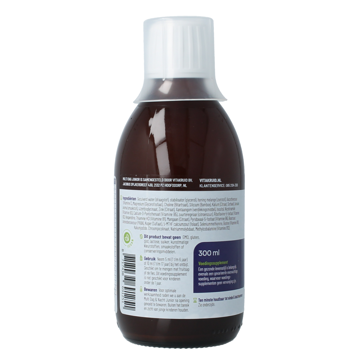 Bottle of Vitakruid Multi Dag Junior vegan multivitamin supplement in 300ml bottle, with colorful label and cap.