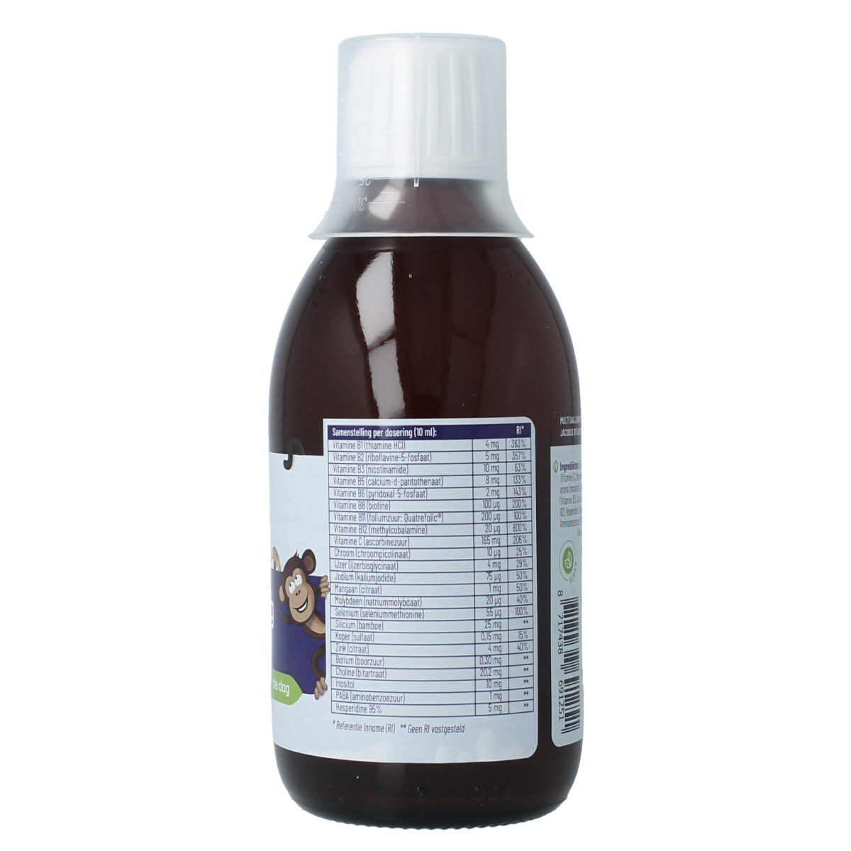 Bottle of Vitakruid Multi Dag Junior 100% Vegan multivitamin supplement in a 300ml container, designed for children.