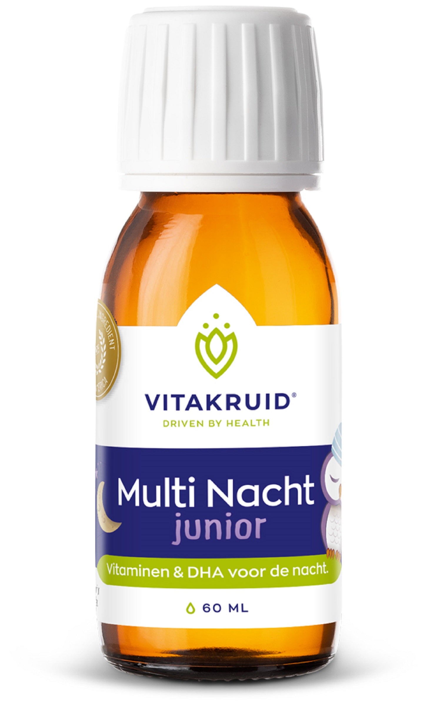 VitaKruid Multi Nacht Junior vegan multivitamin bottle with 60ml label showing on white background