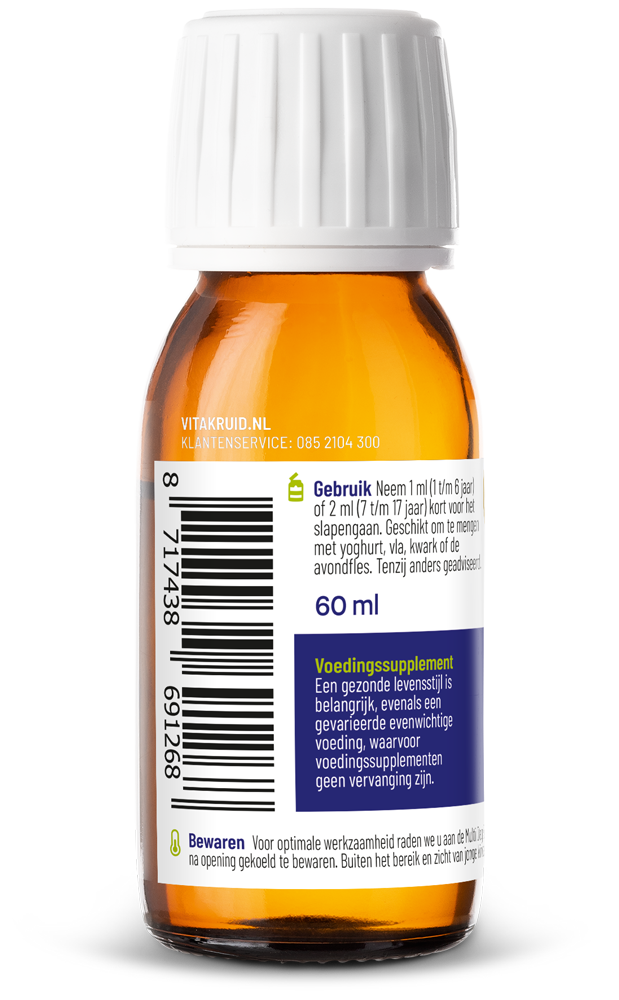 VitaKruid Multi Nacht Junior vegan multivitamin bottle with 60ml liquid supplement for children