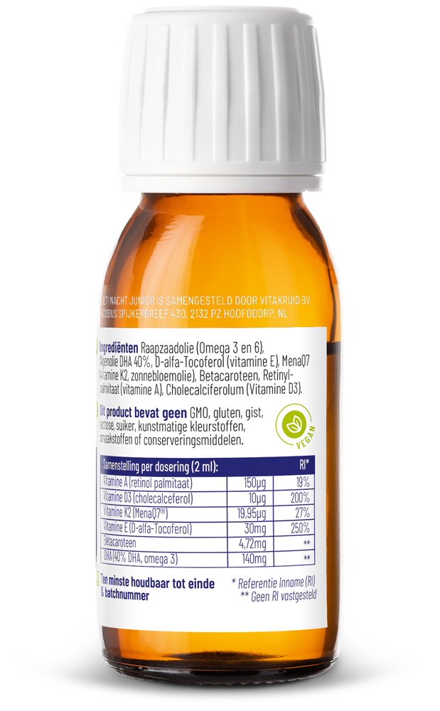 VitaKruid Multi Nacht Junior vegan multivitamin bottle with 60ml liquid, suitable for children, natural supplement product