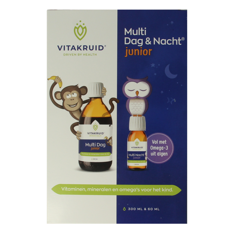 Bottle of Vitakruid Multi Dag & Nacht Junior vegan multivitamin supplement in 360 ml bottle with label and cap.