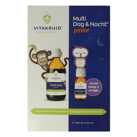 Bottle of Vitakruid Multi Dag & Nacht Junior vegan multivitamin supplement in 360 ml bottle with label and cap.