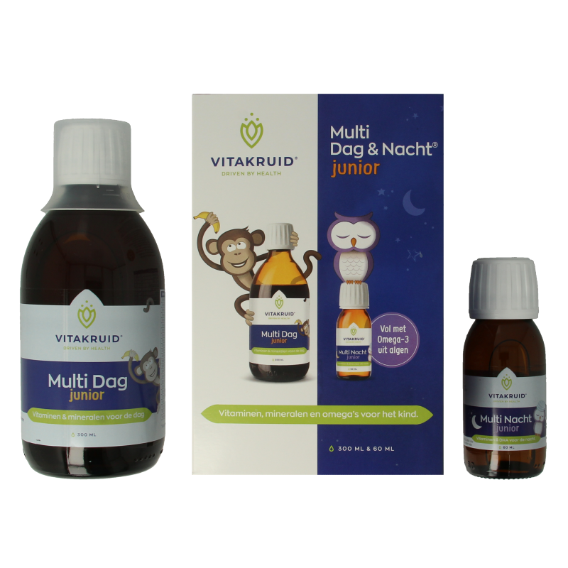 Bottle of Vitakruid Multi Dag & Nacht Junior vegan multivitamin supplement in 360ml bottle, with colorful label and cap.