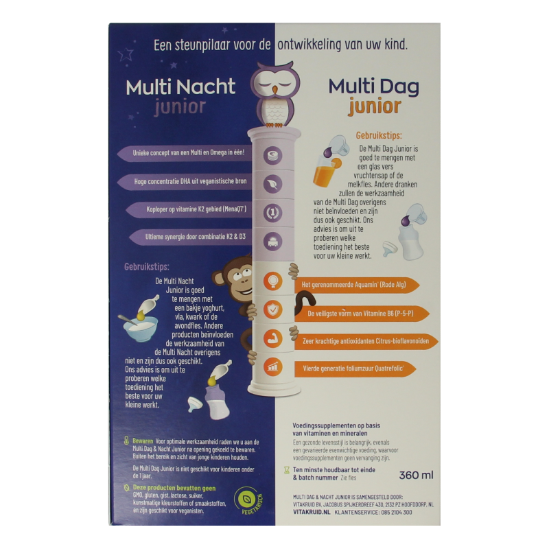 Vitakruid Multi Dag & Nacht Junior 100% vegan multivitamin bottle with colorful label for children, 360ml.