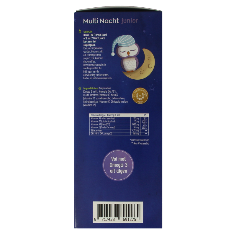 Bottle of Vitakruid Multi Dag & Nacht Junior 100% Vegan multivitamin supplement in a 360ml container, designed for children.
