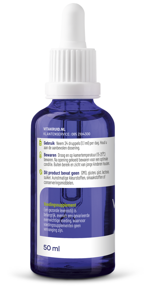 VitaKruid Vegan Omega 3 algenolie bottle with 500 DHA, 1250 triglycerides, 50ml, supplement for healthy fats and plant-based omega 3