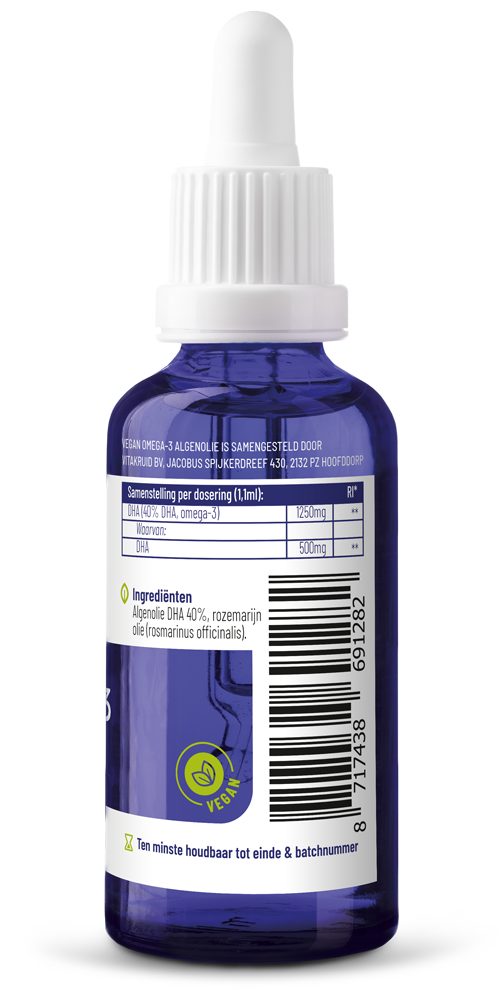 VitaKruid Vegan Omega 3 Algenolie bottle with 500 DHA, 1250 triglycerides, 50ml, natural plant-based omega-3 supplement.