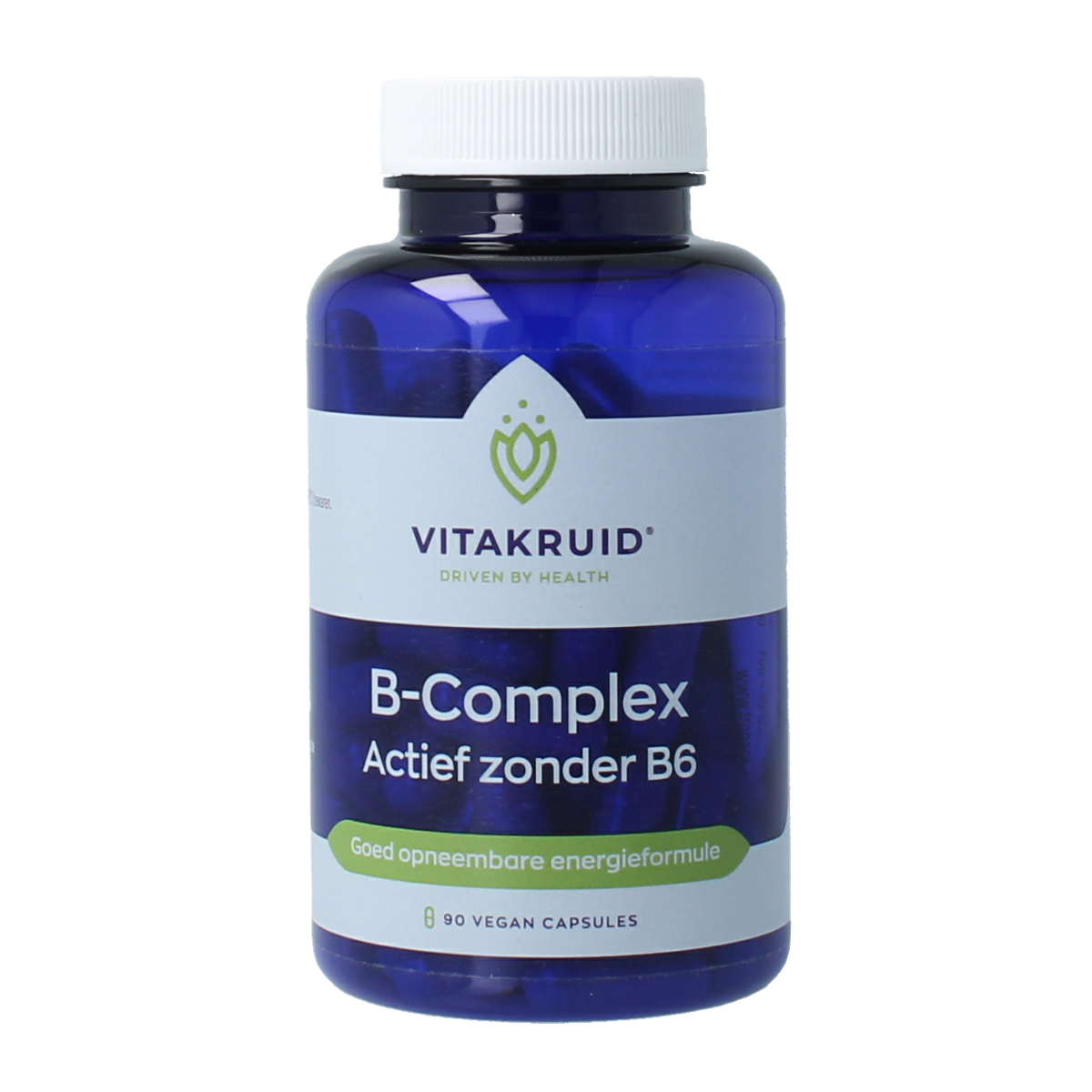 Vegetarian Vitakruid B-Complex active supplement capsules, B6-free, 90-count, close-up of the dietary vitamin multi product.