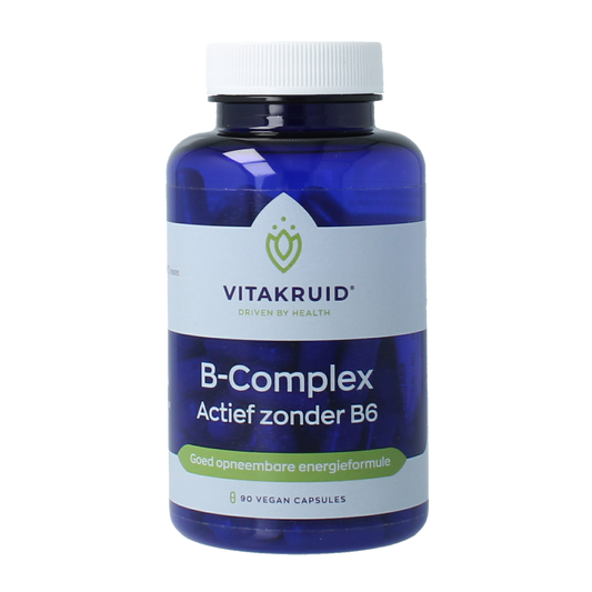 Vegetarian Vitakruid B-Complex active supplement capsules, B6-free, 90-count, close-up of the dietary vitamin multi product.