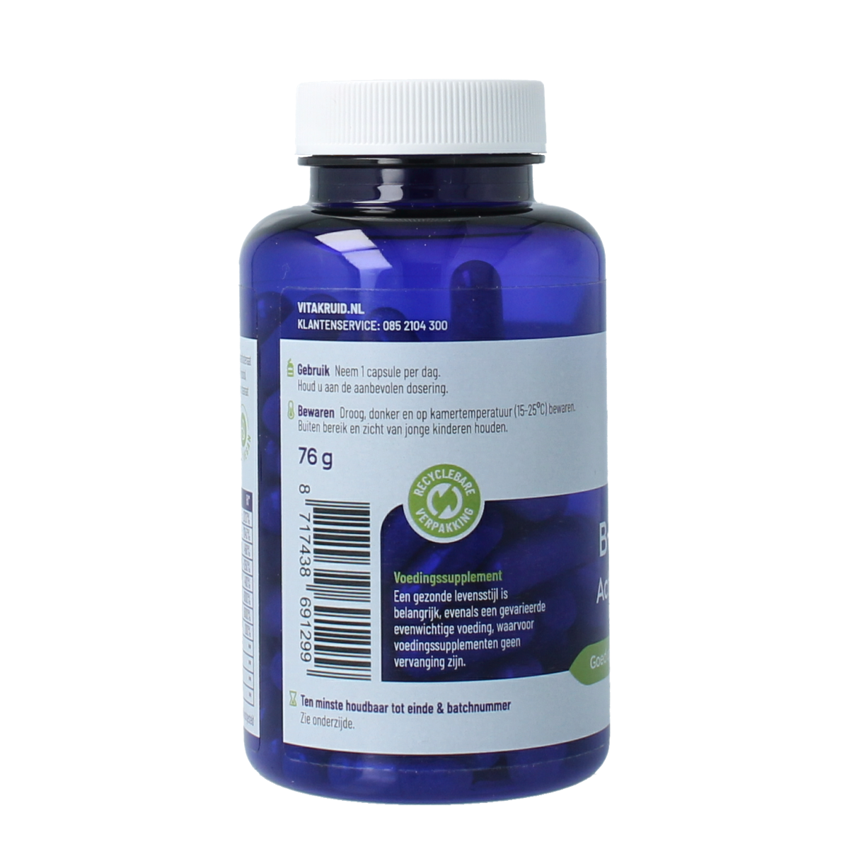 Bottle of Vitakruid B-Complex active without B6 vegetarian capsules, showing the label and capsules inside the container.