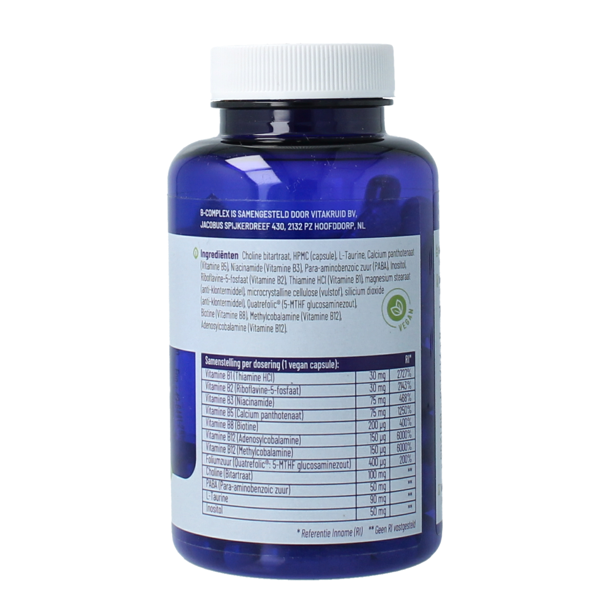 Vegetarian Vitakruid B-Complex active supplement capsules without B6, 90 count, in a clear bottle with label.