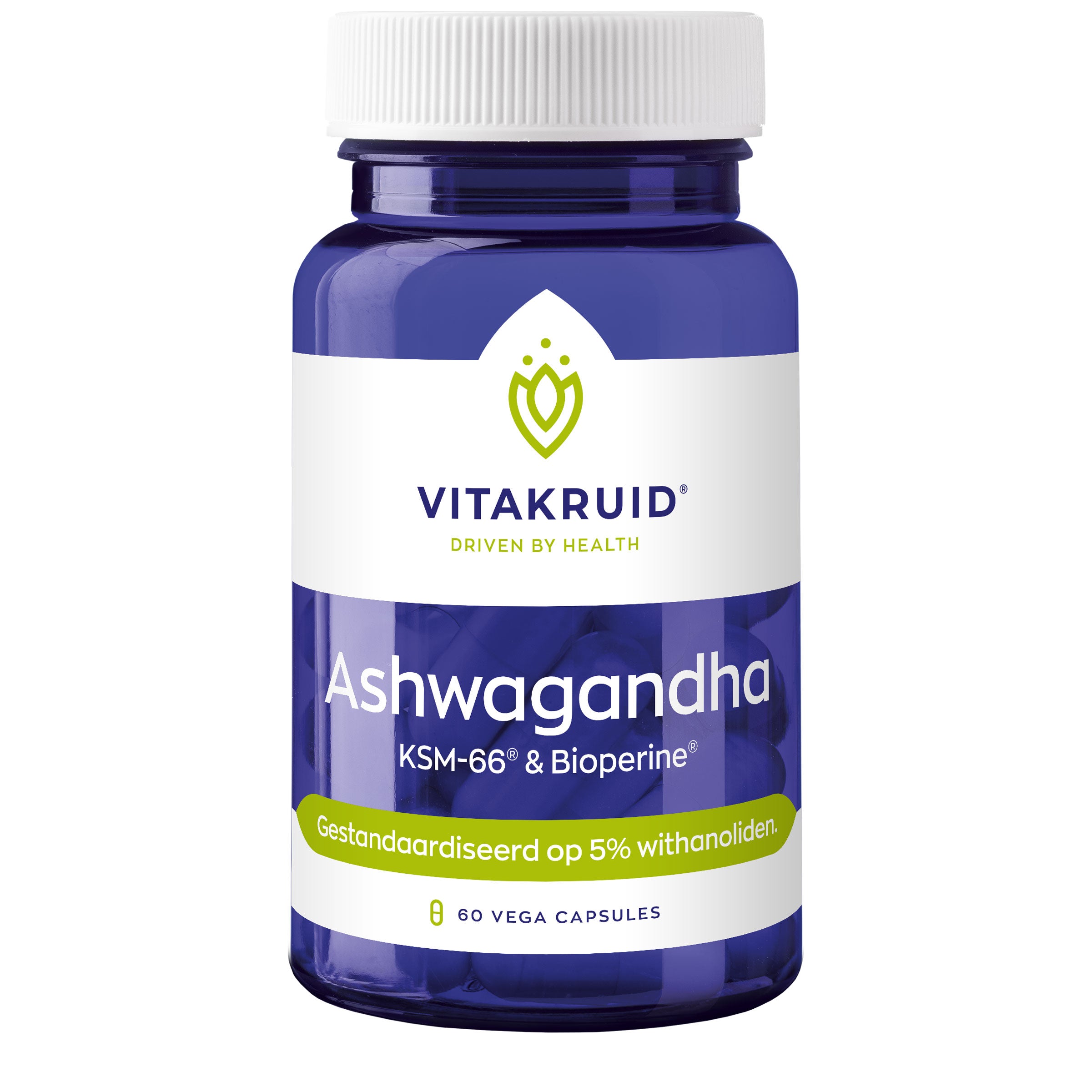 Vegetarische capsules van Vitakruid met Ashwagandha 5%, KSM-66 en Bioperine, kruidenpreparaat voor welzijn.