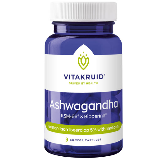 Vegetarische capsules van Vitakruid met Ashwagandha 5%, KSM-66 en Bioperine, kruidenpreparaat voor welzijn.