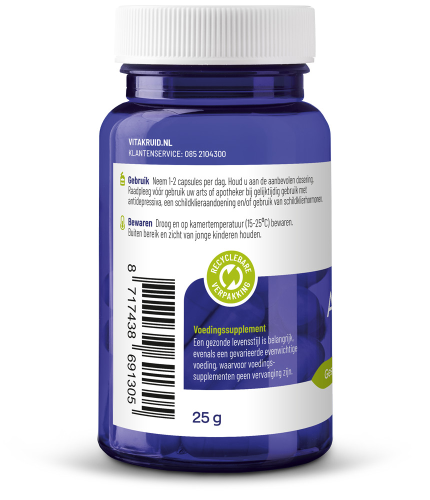 Vitakruid Ashwagandha 5% withanoliden Kruidenpreparaten in vegetarische capsules, featuring KSM-66 en Bioperine, 60 capsules