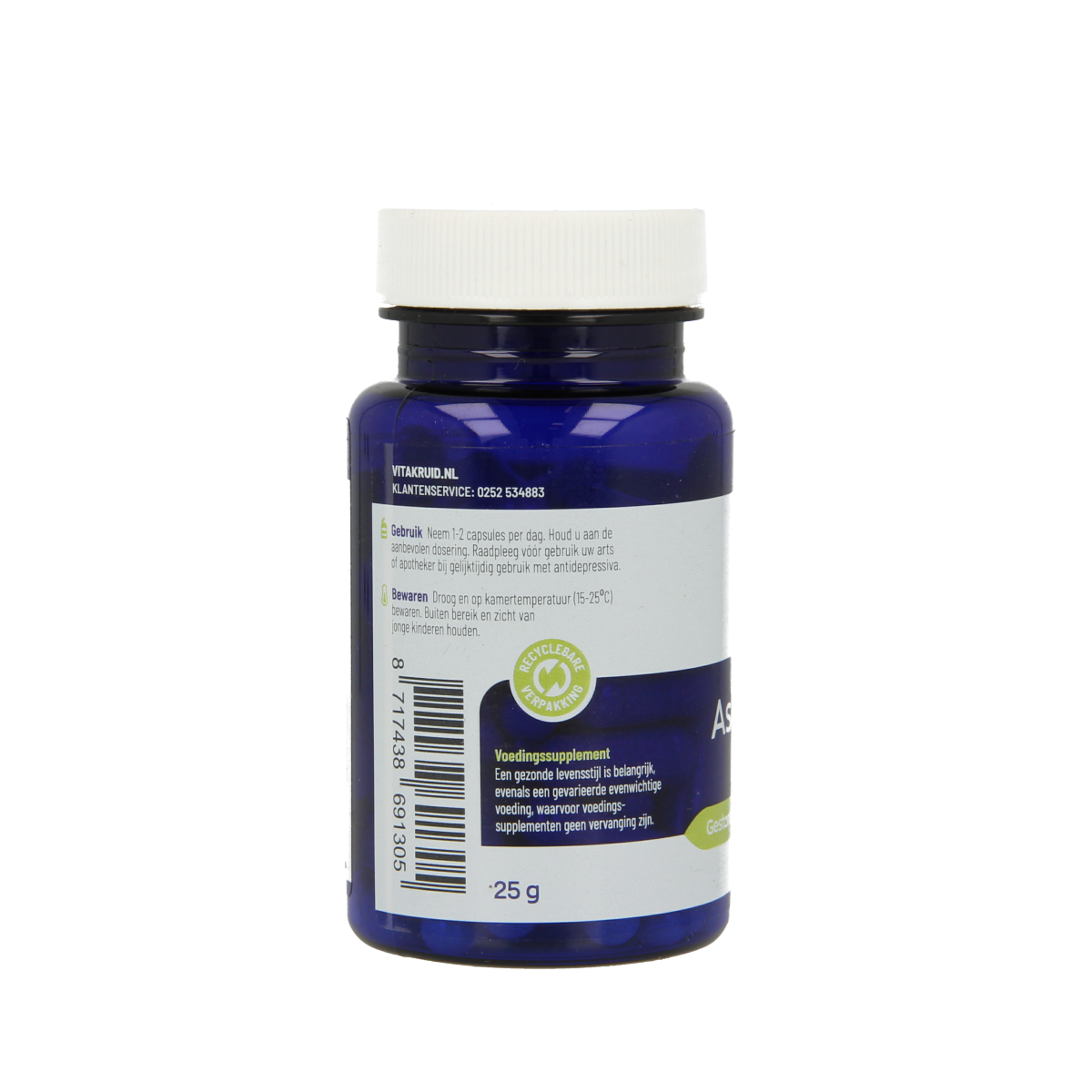 Vitakruid Ashwagandha 5% withanoliden KSM-66 and Bioperine vegetarian capsules, herbal supplement for stress support.