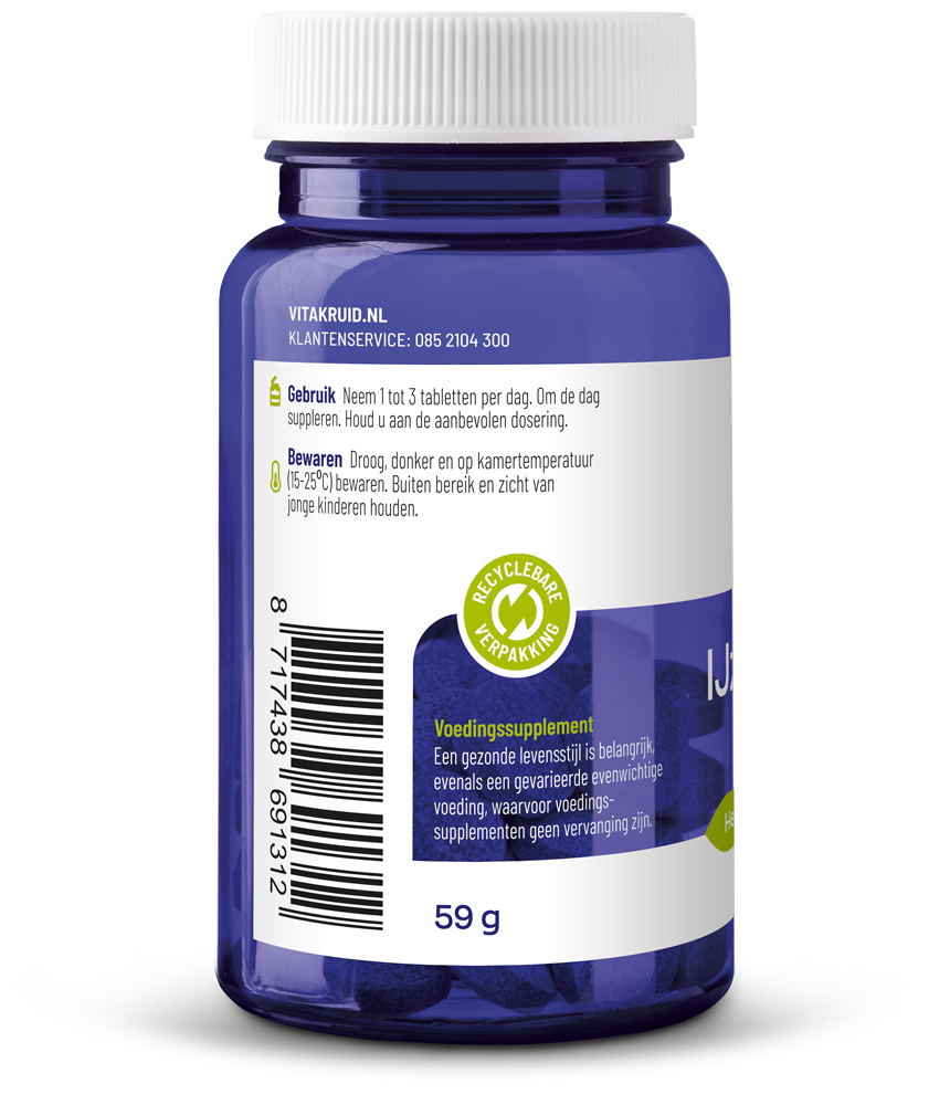 Vitakruid IJzer Bisglycinaat 28 Complex mineral supplement with copper and vitamin C, displayed in a bottle of 90 tablets.