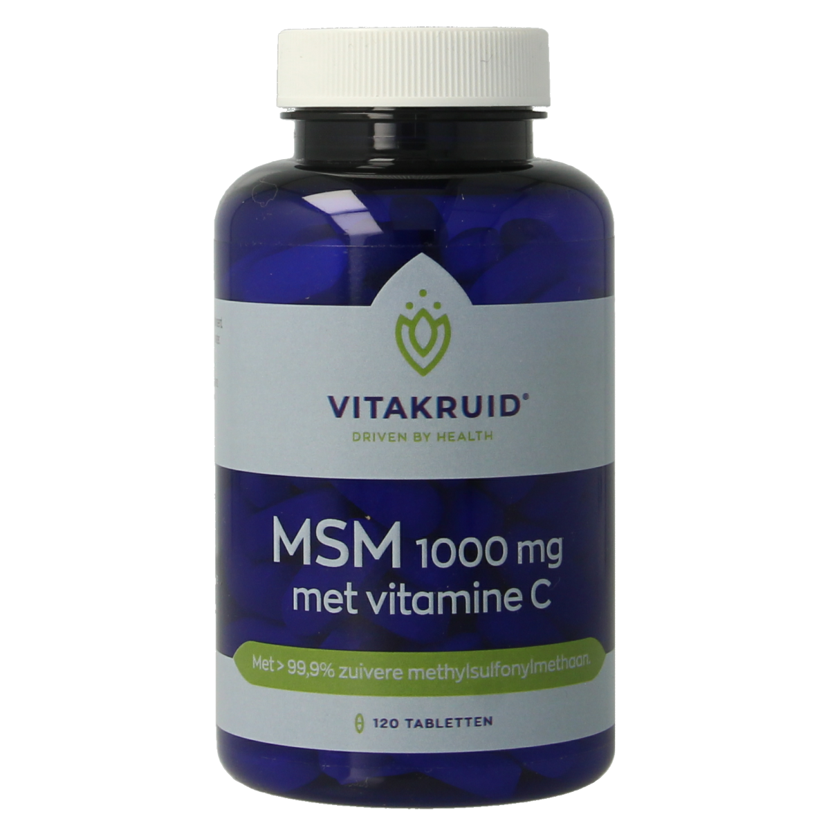 Vitakruid MSM 1000 mg mineral supplement with vitamin C, 120 tablets, high purity over 99.9% in a supplement bottle.