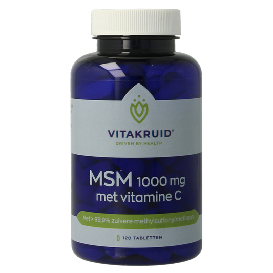 Vitakruid MSM 1000 mg mineral supplement with vitamin C, 120 tablets, high purity over 99.9% in a supplement bottle.