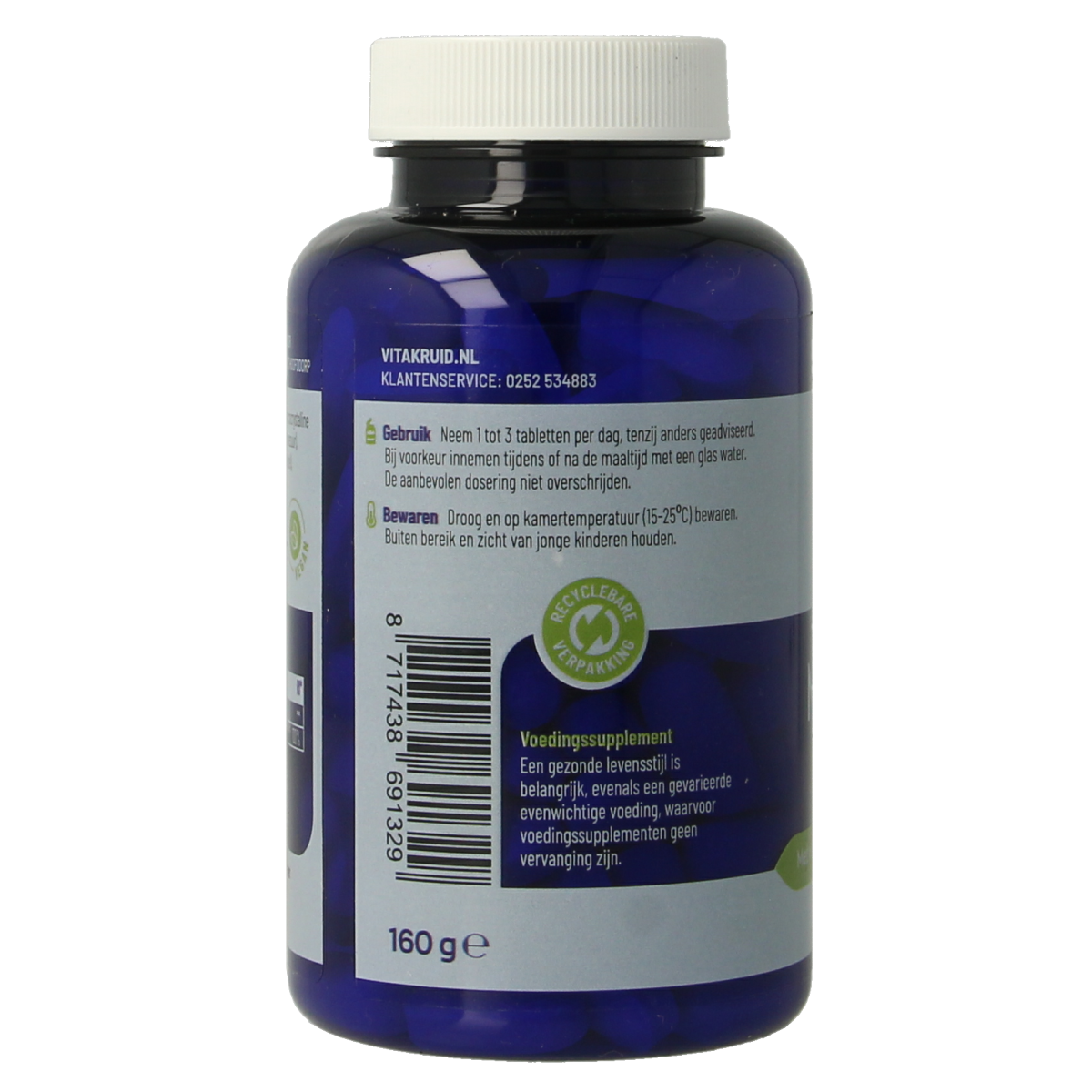 Vitakruid MSM 1000 mg mineral supplement with vitamin C, 120 tablets, high purity over 99.9% in a bottle.