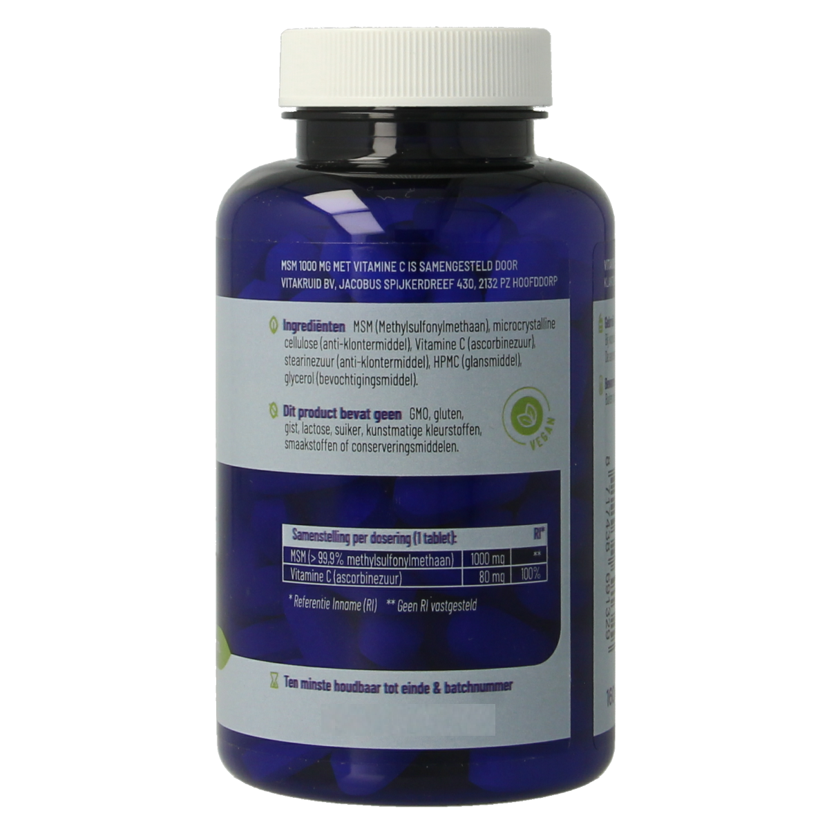 Vitakruid MSM 1000 mg mineral supplement with vitamin C, 120 tablets, high purity over 99.9%, dietary mineral supplement.