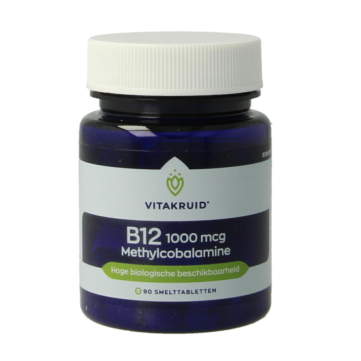 Vitakruid B12 1000 mcg methylcobalamin vitamin supplement in 90 chewable tablets, close-up of the supplement packaging and tablets.
