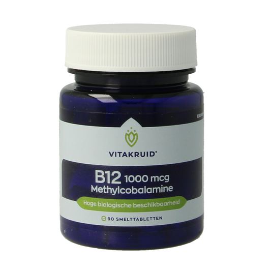 Vitakruid B12 1000 mcg methylcobalamin vitamin supplement in 90 chewable tablets, close-up of the supplement packaging and tablets.