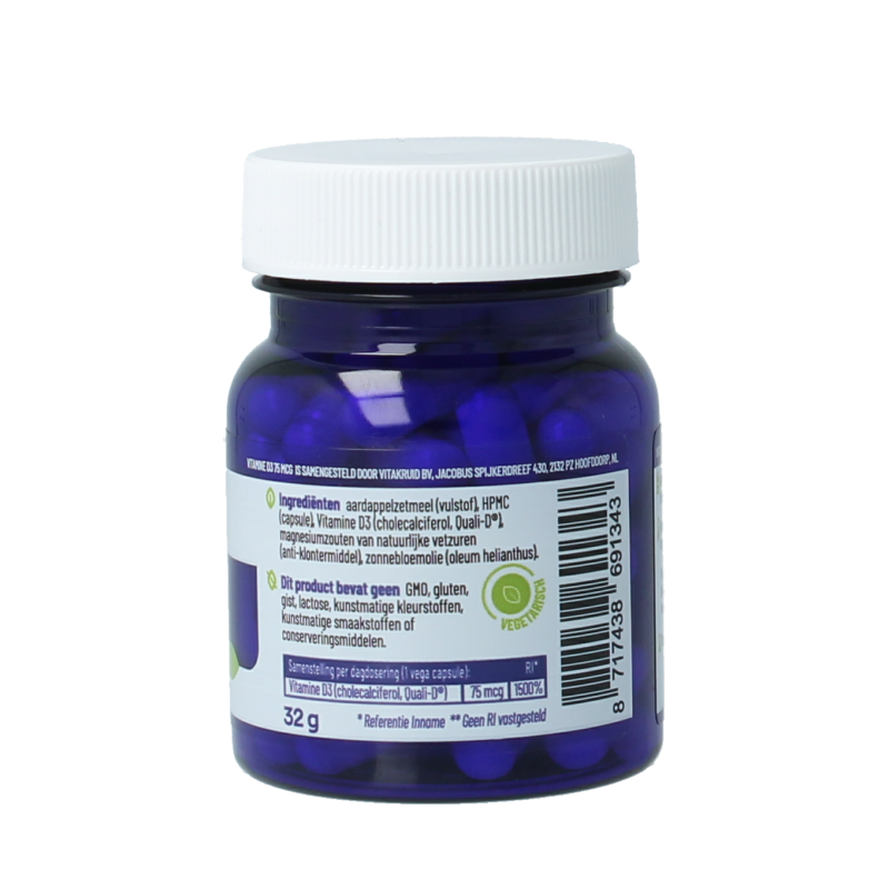 Vegetarian Vitakruid Vitamin D3 capsules in a bottle, showing 60 orange capsules for immune support and bone health.