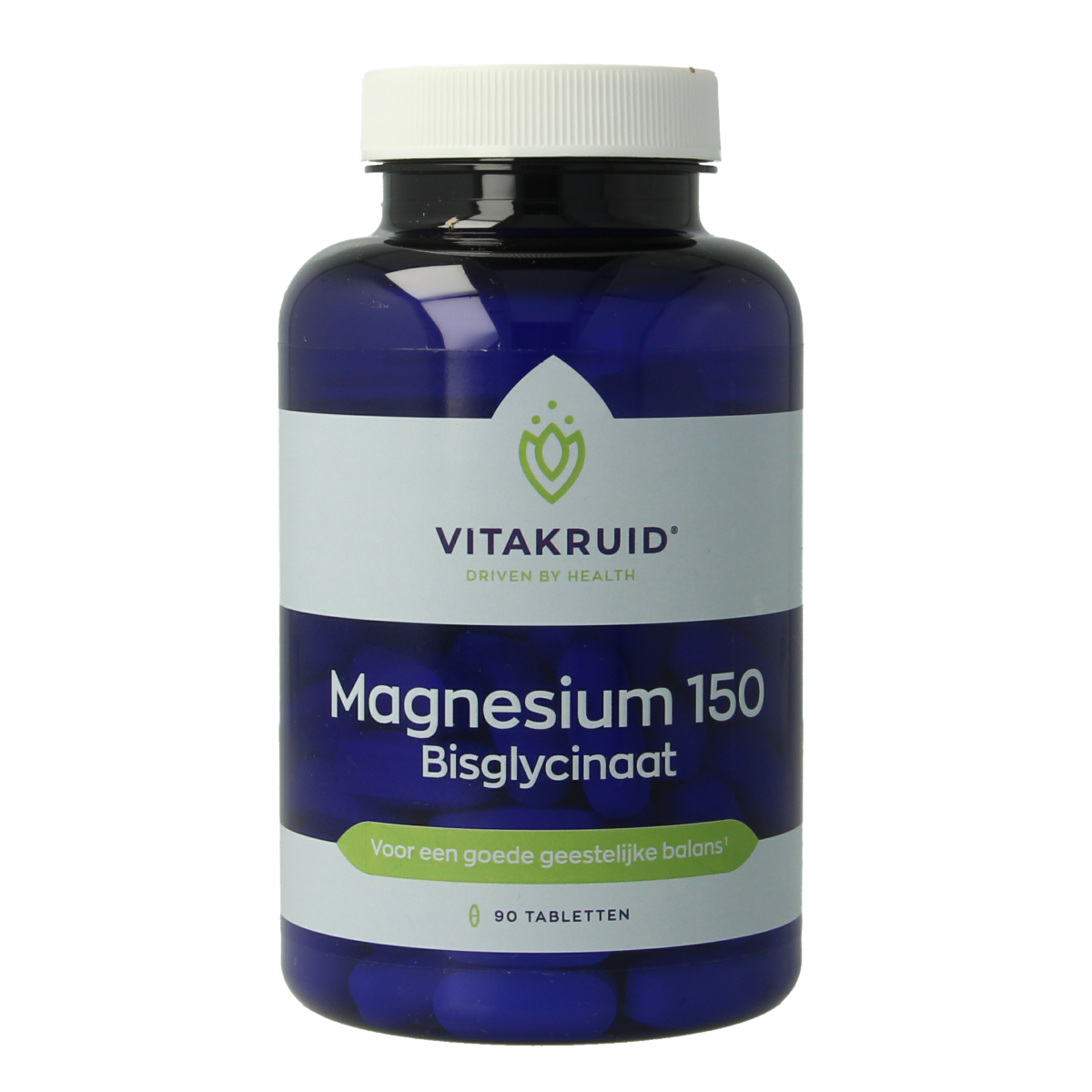 Vitakruid magnesium bisglycinaat supplement with 200mg L-Taurine in a bottle of 90 tablets, showing the product packaging.