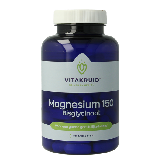 Vitakruid magnesium bisglycinaat supplement with 200mg L-Taurine in a bottle of 90 tablets, showing the product packaging.