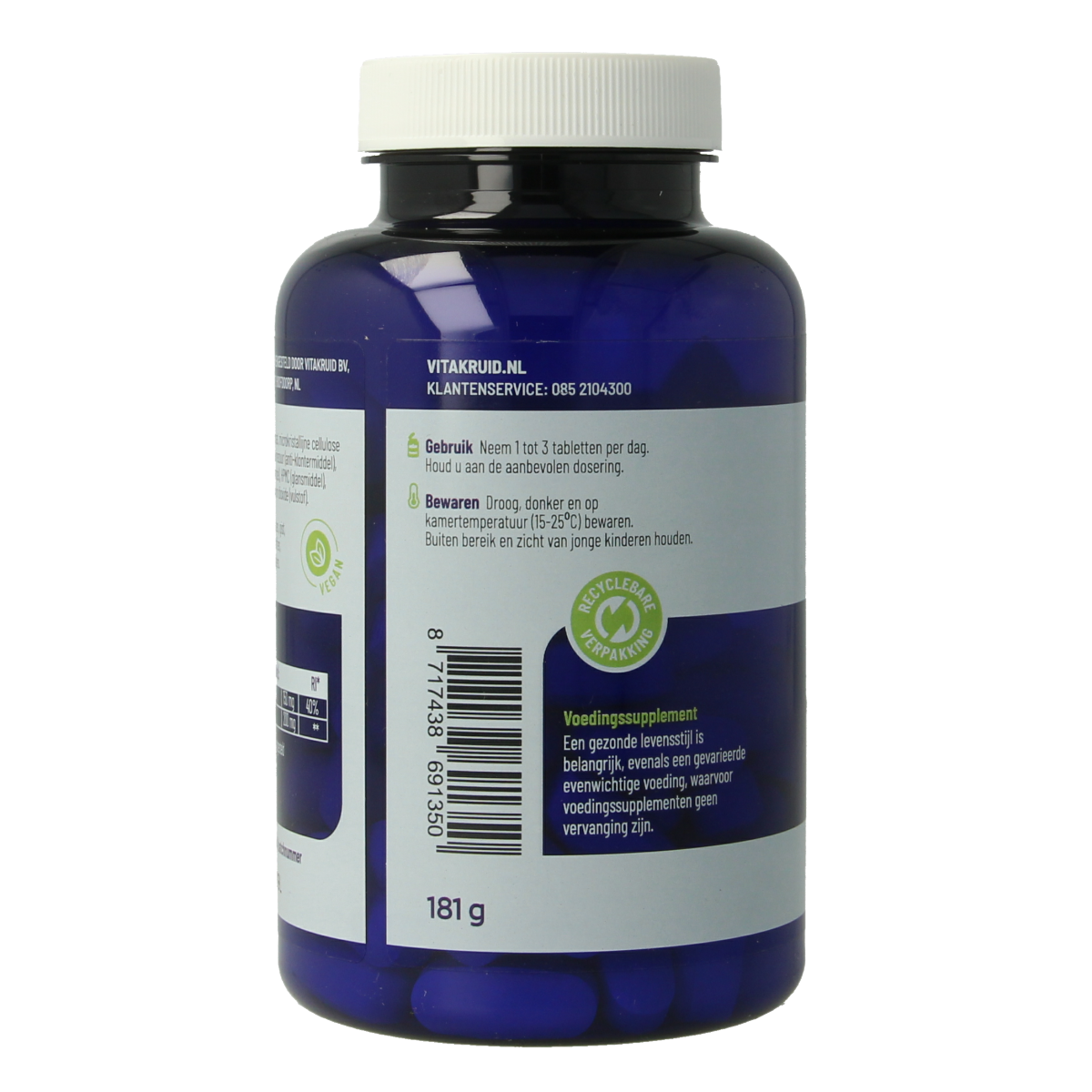 Vitakruid Magnesium 150 Bisglycinaat supplement with 200mg L-Taurine in a bottle of 90 tablets, close-up shot of the supplement packaging.