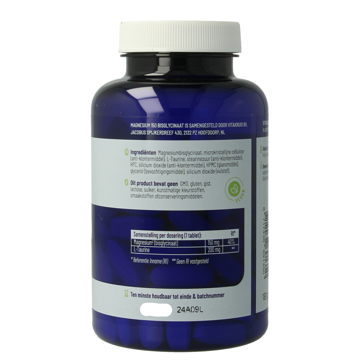 Vitakruid Magnesium 150 Bisglycinaat with 200mg L-Taurine in a bottle of 90 tablets, showing the supplement packaging.