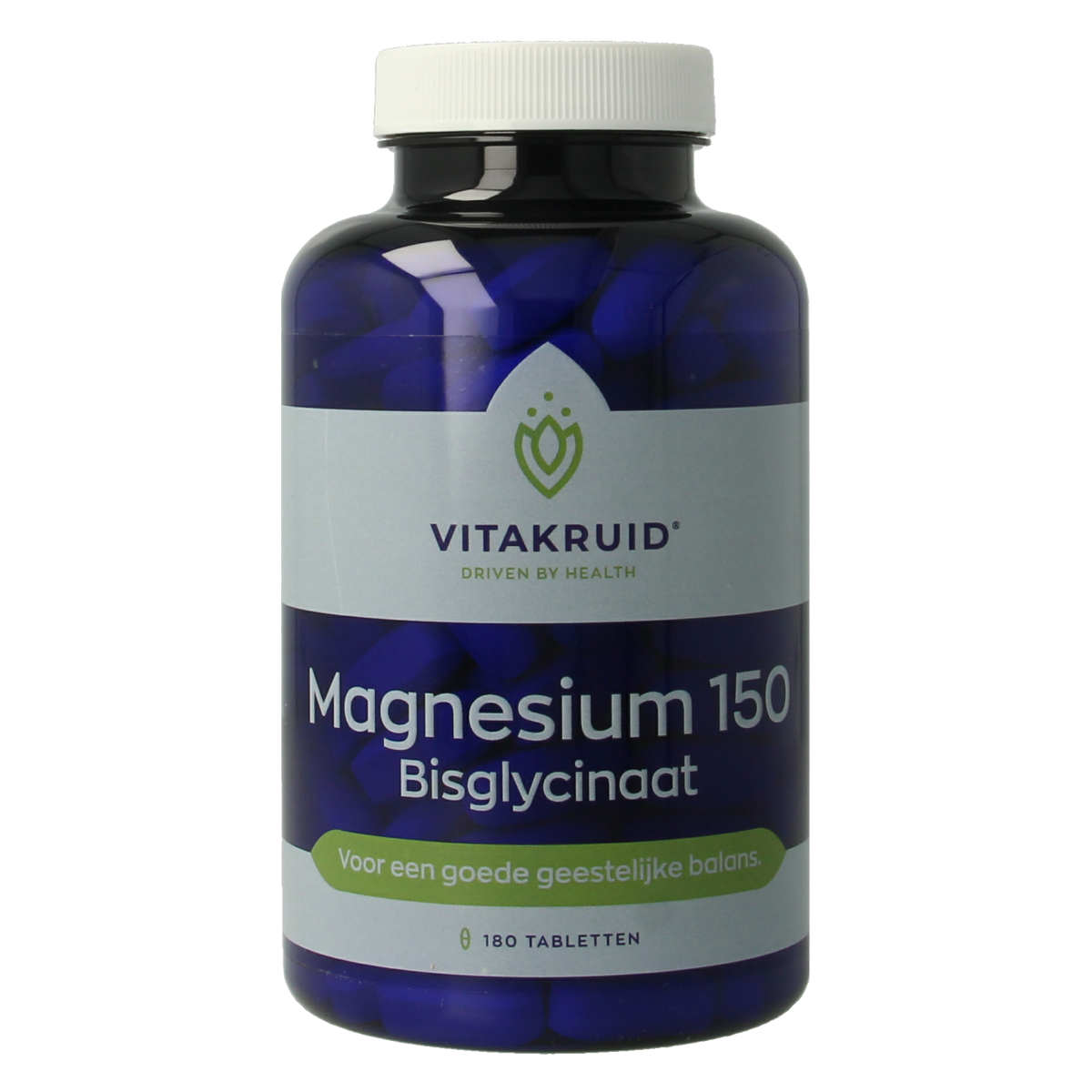 Vitakruid Magnesium 150 Bisglycinaat with 200mg L-Taurine, 180 mineral tablets showing the supplement bottle and tablets.