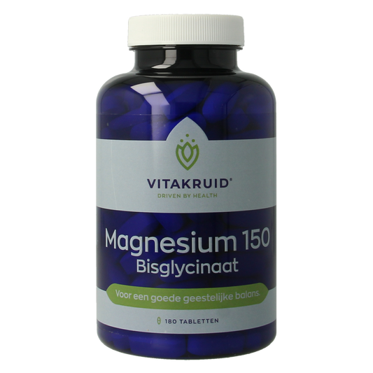 Vitakruid Magnesium 150 Bisglycinaat with 200mg L-Taurine, 180 mineral tablets showing the supplement bottle and tablets.