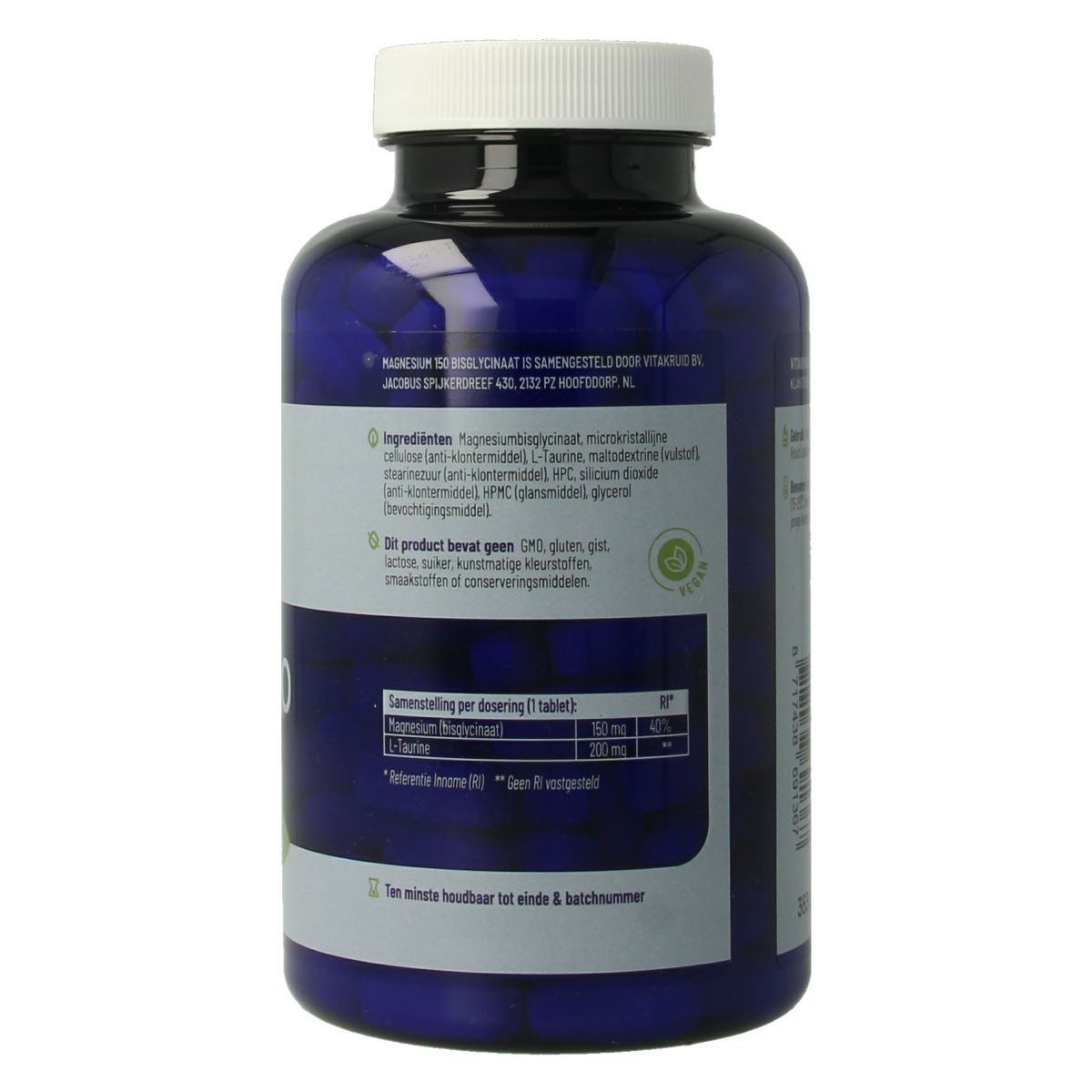 Vitakruid Magnesium 150 Bisglycinaat with 200mg L-Taurine tablets, mineral supplement in bottle, close-up of labeled bottle.