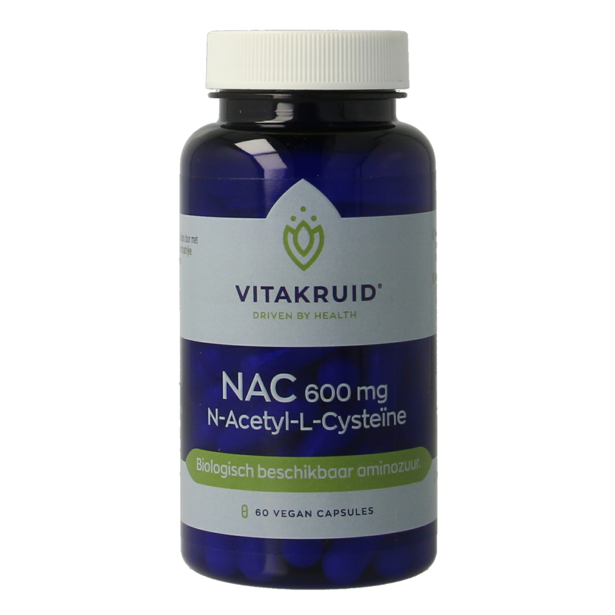 Vitakruid NAC 600mg N-Acetyl-L-Cysteine vegetarian capsules, dietary supplement for amino acids, white capsules in bottle
